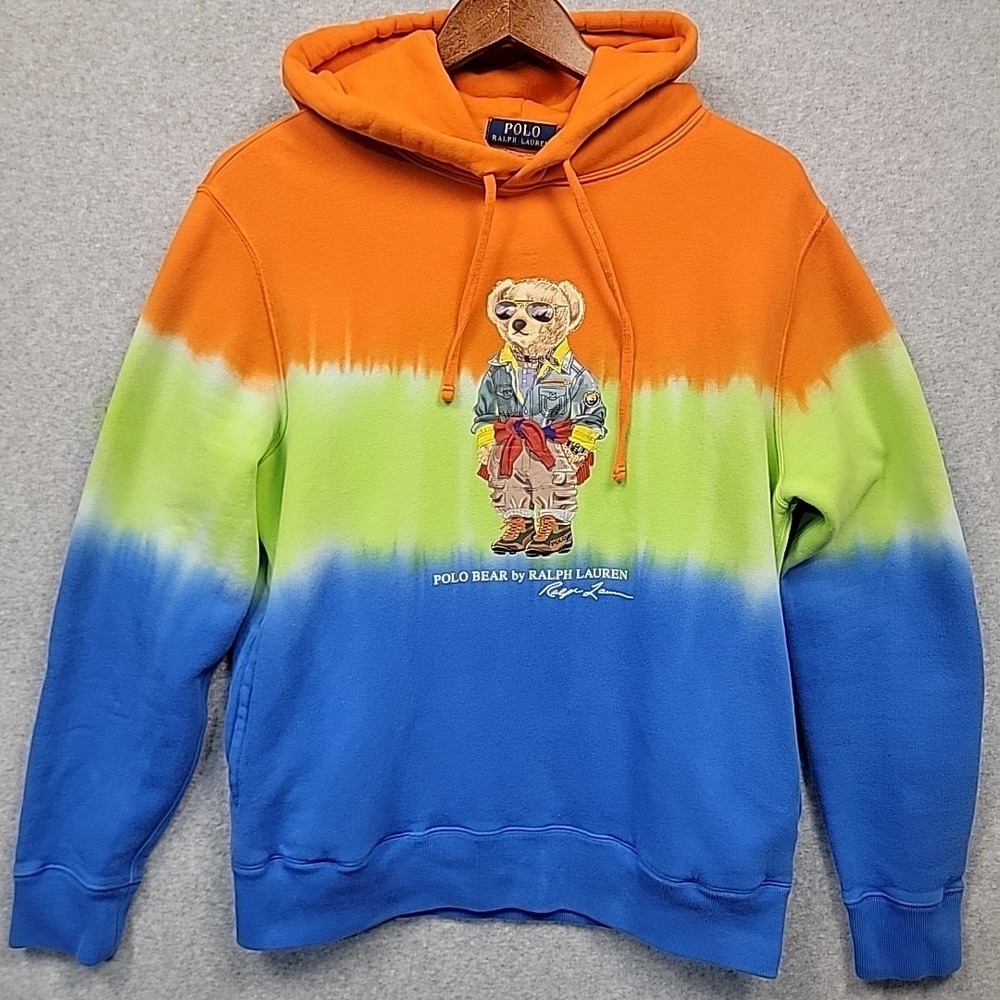 Polo Ralph Lauren‎ Men Fleece Tie-Dyed Stripe Polo Bear Print Hoodie Orange Sz M